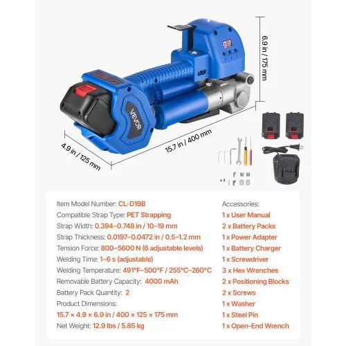 VEVOR Umreifungsgerät, 2 x 4000 mAh Akku, Umreifungsmaschine mit Digitalanzeige für 10–19 mm breite PET-Bänder, Bandverpackungsmaschine für ideal für Fabriken, Lagerhallen, & Logistikzentren – Bild 6
