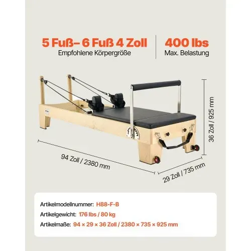 VEVOR Pilates Reformer Trainingsgerät aus Holz für den Einsatz im Heim-Fitnessstudio, Pilates-Bett mit doppeltem Widerstand – Feder & Kordel, Ausrüstung mit Sitzbox , bis zu 181,44 kg – Bild 6