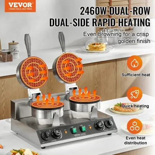 VEVOR kommerzielles rundes Waffeleisen mit Doppelkopf 2460 W, belgisches Waffeleisen mit antihaftbeschichteten Backfläche, Temperatur- und Zeitregelung, für Restaurant Bäckerei Snackbar VEVOR kommerzielles rundes Waffeleisen mit Doppelkopf 2460 W, belgisches Waffeleisen mit antihaftbeschichteten Backfläche, Temperatur- und Zeitregelung, für Restaurant Bäckerei Snackbar
