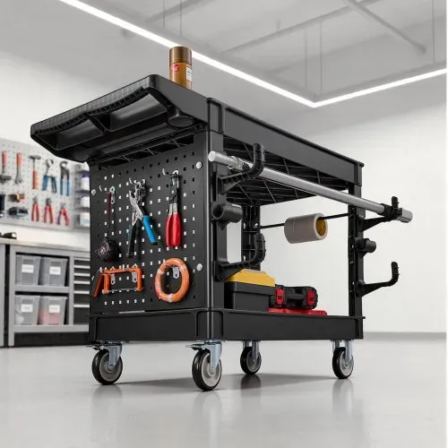 VEVOR Servicewagen Werkstattwagen Werkzeugwagen PP 1140x610x840mm Schwarz, Rollwagen mit 250kg Tragkraft, Inkl. 2 Ebene 4 Rollen Pegboard Haken Handgriff mit Ablagefach, Allzweckwagen für Werkstatt – Bild 7