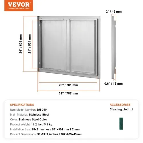 VEVOR Grill-Zugangstür, 787 x 609 mm, Doppelte Außenküchentür, Flächenbündig Montierte Edelstahltür, Vertikale Wandtür mit Versenkbaren Griffen, für Grillinsel, Grillstation, Außenschrank – Bild 6