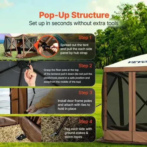 VEVOR Pavillon-Zelt, 3,6 x 3,6 m, 6-seitiges Pop-up-Camping-Überdachungszelt mit Netzfenstern, tragbarer Tragetasche, Erdnägeln, großen Schattenzelten für Camping im Freien, Rasen und Hinterhof – Bild 3