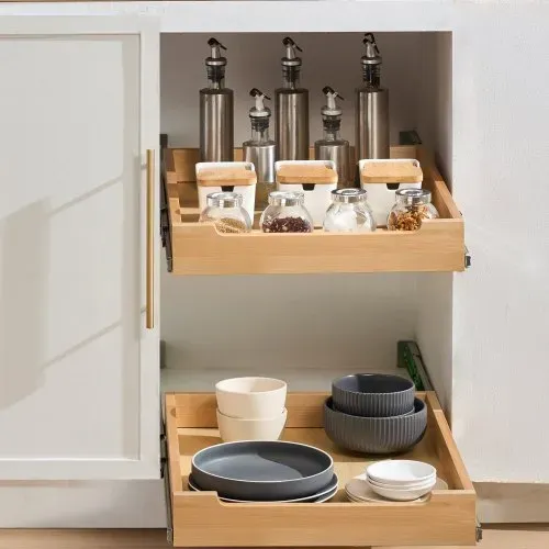 VEVOR Ausziehbarer Schrank-Organizer Schrankschublade Regal (432 x 533 x 76 mm) mit sanftem Schließmechanismus, Holz-Schiebeschublade Unter- und Seitenmontage, für Küche Speisekammer Badezimmer – Bild 7
