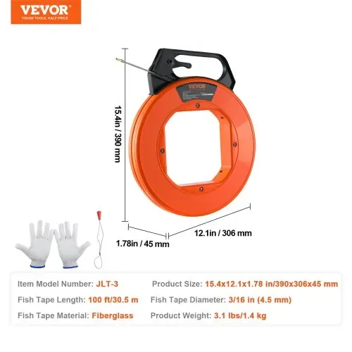 VEVOR Fischband, 100 Fuß, 3/16 Zoll, Glasfaser-Drahtzieher mit optimiertem Gehäuse und Griff, benutzerfreundliches Kabelzieher-Werkzeug, flexible Drahtangelwerkzeuge für Wände und elektrische Leitungen, nicht leitend – Bild 6