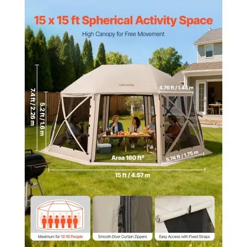 VEVOR Pop-up-Pavillon, 4,57 x 4,57 m, 13-seitiges, kugelförmiges Campingzelt mit abnehmbarem Dach und Tragetasche, 360°-Belüftung, Sonnenschutz, Partyzelt für 12–15 Personen, Beige VEVOR Pop-up-Pavillon, 4,57 x 4,57 m, 13-seitiges, kugelförmiges Campingzelt mit abnehmbarem Dach und Tragetasche, 360°-Belüftung, Sonnenschutz, Partyzelt für 12–15 Personen, Beige
