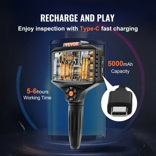 VEVOR Endoskopkamera Dreifachlinse 5" IPS-Bildschirm 854x480 Inspektionskamera 5m Kabel Rohrkamera 5000mAh Akku für 5-6Std. Kanalkamera IP67 Endoskop 180°Drehbar Automotoren Abwasserkanäle HVAC-Kanäle – Bild 6