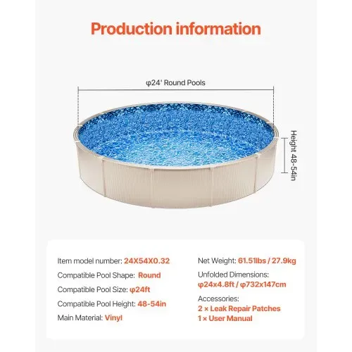 VEVOR Runde Poolfolie, φ732x147 cm, Innenfolie, Ersatzfolie, Innenhülle, Schwimmbadfolie, Folie aus Vinyl im Überlappungsstil mit Standardstärke, verschleißfest, für Aufstellpools mit 54 Zoll Wandhöhe – Bild 6