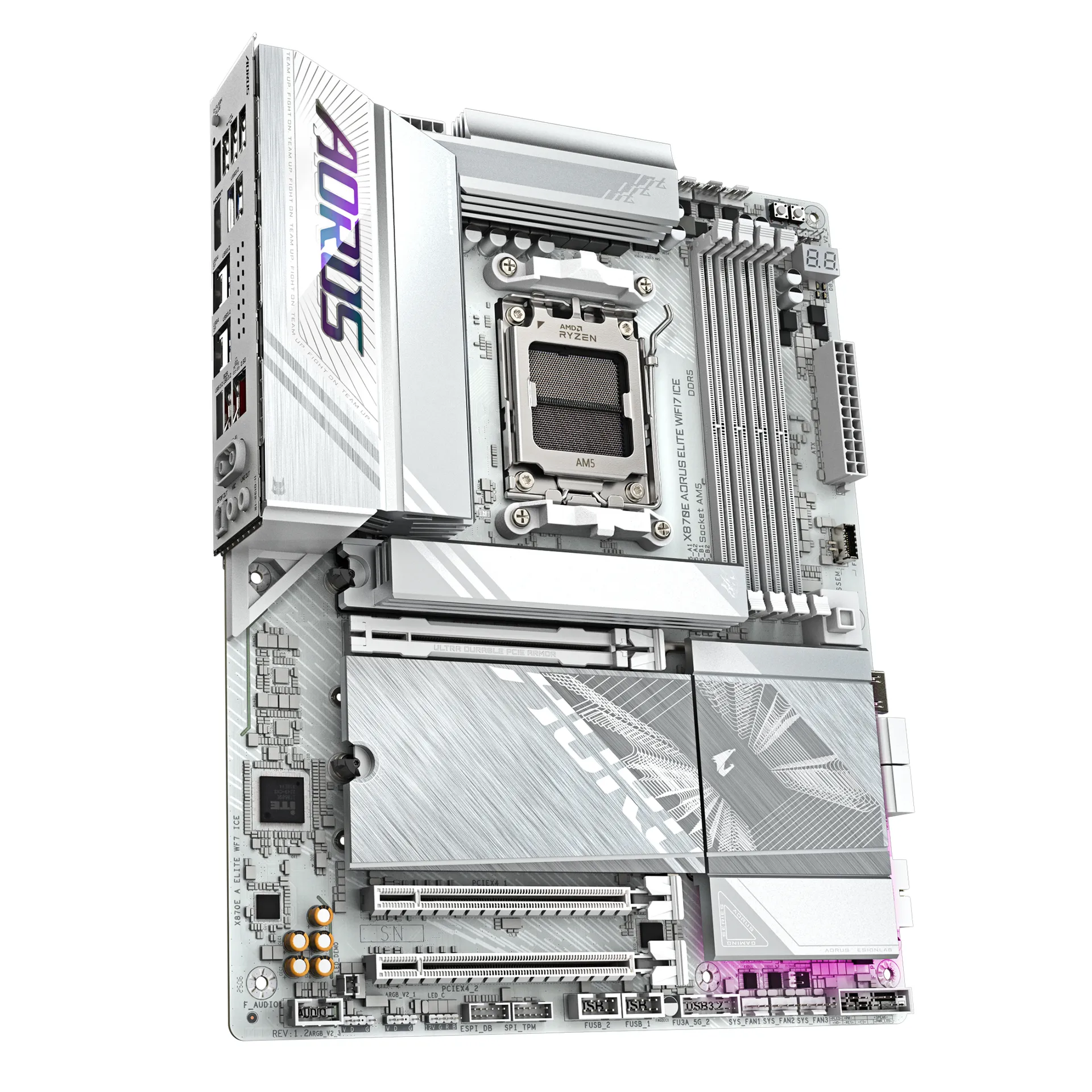 GIGABYTE X870E AORUS ELITE WIFI7 ICE Mainboard – Unterstützt AMD Ryzen 9000 Prozessoren, digitales 16+2+2 Phasen VRM, bis zu 8200 MHz DDR5 (O.C.), 3x PCIe 5.0 + 1x PCIe 4.0, Wi-Fi 7, 2.5 GbE LAN, USB 4 – Bild 3