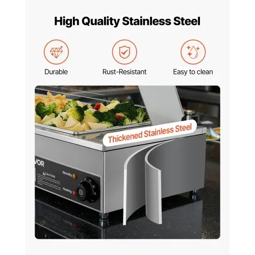 VEVOR kommerzieller Speisenwärmer mit Glasabdeckung & 3 Behälter (1/2-Größe) 1,5 kW Buffetwärmer Edelstahl, Buffetbehälter Buffet-Wasserbad Speisenwärmstation für Restaurants Partys Buffets – Bild 4