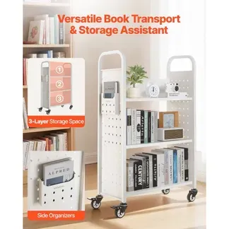 VEVOR Bücherwagen, 150 kg Tragkraft, Bibliothekswagen, 77 x 38 x 122 cm, einseitiges L-förmiges Bücherregal mit Doppelbremsrollen, Bücherregalwagen für Wohnzimmer, Büro, Schule, Weiß VEVOR Bücherwagen, 150 kg Tragkraft, Bibliothekswagen, 77 x 38 x 122 cm, einseitiges L-förmiges Bücherregal mit Doppelbremsrollen, Bücherregalwagen für Wohnzimmer, Büro, Schule, Weiß