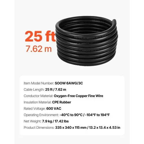 VEVOR 7,62m 6AWG (16 mm²) Elektrokabel Stromkabel Kupfer Verlängerungskabel Draht 600V – Bild 6