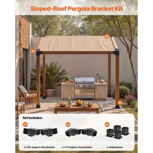 VEVOR Pfosttenverbinder, 3-Wege-Schräghalterung für 92 x 92 mm, Pergola-Halterung aus Karbonstahl mit Schrauben & Pfostensockeln, für Holzpergolen im Freien, Pavillons, Schuppen, 8 Stück – Bild 2