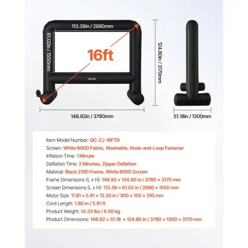 VEVOR aufblasbare Filmleinwand Projektion Beamer Leinwand aus 600D, Projektionsleinwand mit tragbarer Aufbewahrungstasche, 16:9, Filmprojektion für Heimkino Mottoparty Poolspaß ( 378 x 130 x 317 cm) – Bild 6