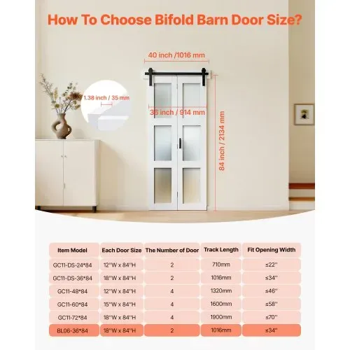 VEVOR Faltbare Schiebetür im Scheunentor-Stil 914x2134 mm, Falttür aus MDF + Gehärtetem Glas, mit Beschlagsatz, Platzsparendes Design, Vormontierte Paneele für Schlafzimmer Wohnzimmer Weiß – Bild 6