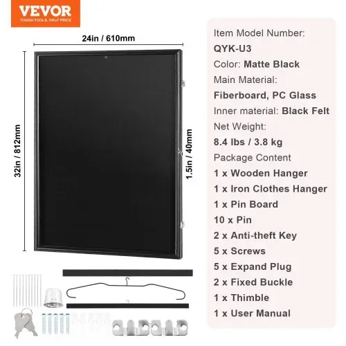 VEVOR Trikot-Vitrine 610 x 812 x 40 mm abschließbare Schattenbox für Sporttrikots mit 98 % UV-Schutz PC-Glas und Kleiderbügeln, für Baseball- Basketball- Football- Hockey-Shirts und Uniformen schwarz – Bild 6