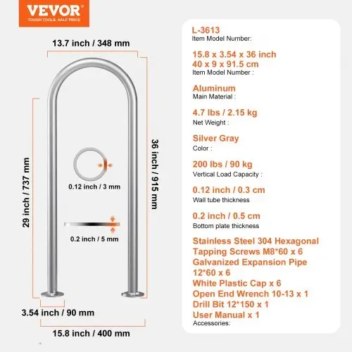VEVOR Pool-Handlauf, 400 x 90 x 915 mm, Pooleinstieg Aluminium mit Grundplatte für Innen-/Außenpools, benutzerfreundliche Einstieghilfe für Schwimmbäder, Haltegriff mit Zubehör für Spas und Docks – Bild 6