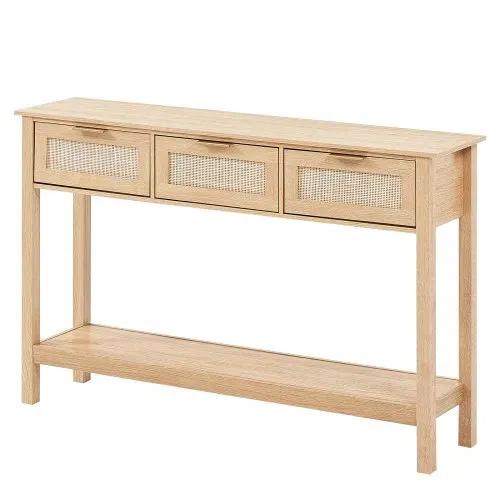 VEVOR Rattan-Konsolentisch mit 3 Schubladen, Rattan-Eingangstisch mit natürlicher Rattan-Schiebetür, Konsolen-Sofatisch für Wohnzimmer, Arbeitszimmer, Eingangsbereich oder Fernsehwand, Natur – Bild 9