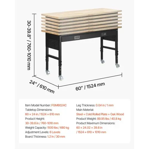 VEVOR Werkbank 1524x610 mm, Arbeitstisch 680 kg, Werktisch 760-1010 mm Höhenverstellbar, Garagentisch mit Schublade, Steckdose, Rollen & Lochwand, Werkstatttisch für Garage, Werkstatt, Büro – Bild 6