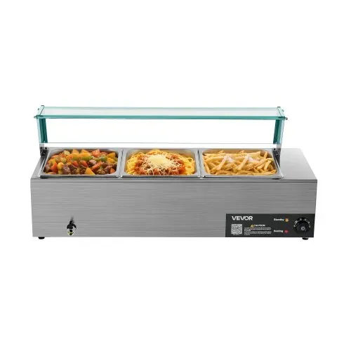 VEVOR kommerzieller Speisenwärmer (3 x 1/2 Größe Behälter), 1,5 kW elektrischer Wärmebehälter aus Edelstahl mit Glasabdeckung & Suppenkelle, Chafing Dishes für Catering Restaurant Party – Bild 10