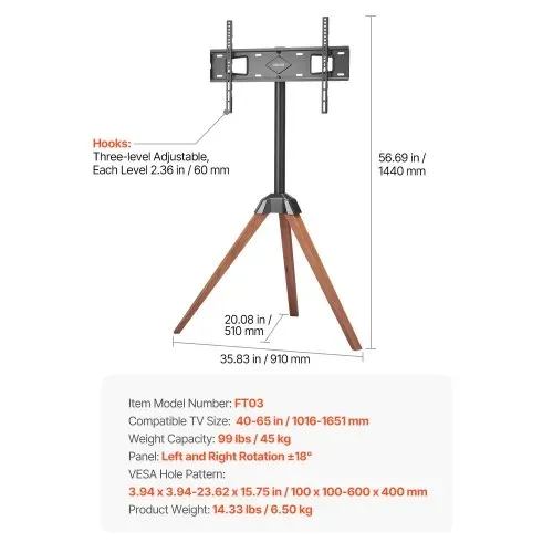 VEVOR TV-Ständer mit Stativ-Staffelei für 1016-1651 mm flach & Curved-TVs bis zu 45 kg, 18° Links-Rechts-Drehung, tragbarer Fernsehständer mit Beinen aus Holz für Schlafzimmer Wohnzimmer Studio – Bild 6