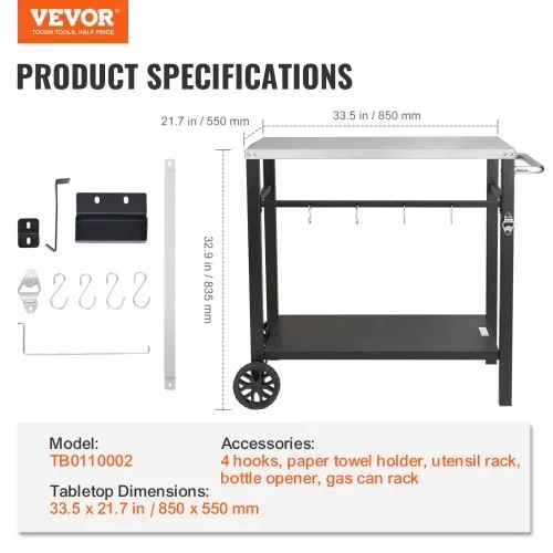 VEVOR Servierwagen Küchenwagen 100 x 64 x 83,5 cm Outdoor-Grill-Esswagen mit Doppelter Ablage, Beweglicher Grilltisch für die Zubereitung von Speisen, Multifunktionale Tischplatte aus Edelstahl – Bild 6