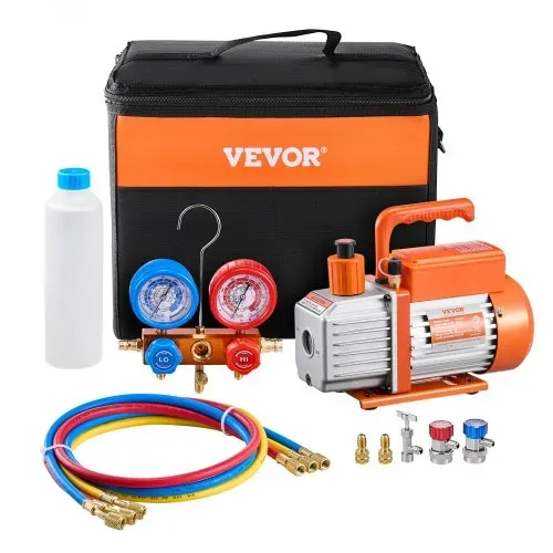 VEVOR 3,5 CFM AC-Vakuumpumpe & Manometer-Set, einstufige Drehschieber-HVAC-Luftvakuumpumpe, A/C-Kältemittelverteiler-Manometer-Kit, für Kältemittel R134a, R12, R22, R502a, R410A, R404, R407C – Bild 8