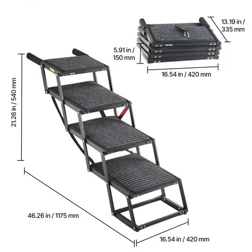 VEVOR Hundetreppe Auto Klappbar 4-Stufig, Extra Breite Hunderampe für Große Hunde mit Weichem Filzteppich, Tragbare Einstiegshilfe für Auto, SUV, LKW, Hochbett, Sofa, Tragkraft bis 90 kg – Bild 7