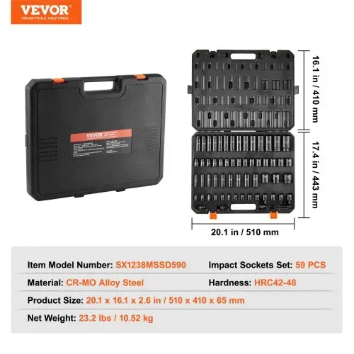 VEVOR 3/8 & 1/2 Zoll Antriebs-Schlagschrauber-Steckschlüsselsatz, 59-teiliger Steckschlüsselsatz SAE 5/16 bis 1-1/4 Zoll und metrisch 6-32 mm, 6-Punkt Cr-Mo-Legierungsstahl für Autoreparatur – Bild 6