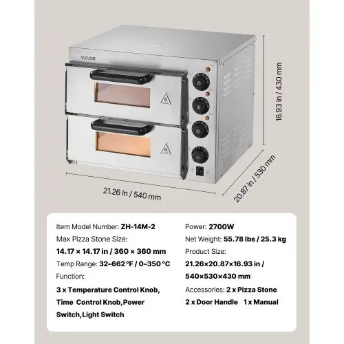 VEVOR Kommerzieller Pizzaofen für die Arbeitsplatte, 14-Zoll-Doppeldecker-Schicht, elektrischer Pizzaofen aus Edelstahl mit Stein und Griff, Mehrzweck-Pizzamaker für den Innenbereich zum Backen von Brezeln im Restaurant zu Hause – Bild 6