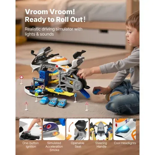 VEVOR Motorradmotor-Spielzeug, 25-teilig, Motorradmechaniker-Spielzeug mit abnehmbaren Teilen, Lichtern & Geräuschen, simuliertes Fahren & Rennstreckenrennen, für Kinder ab 3 Jahren, Gelb – Bild 3