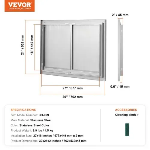 VEVOR Grill-Zugangstür, 762 x 532 x 45 mm, Doppelte Außenküchentür, Flächenbündig Montierte Edelstahltür, Vertikale Wandtür mit Versenkbaren Griffen, für Grillinsel, Grillstation, Außenschrank usw. – Bild 6