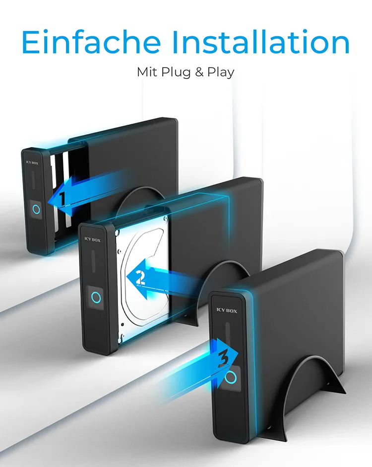 ICY BOX IB-382H-C31, USB 3.2 Gen 2 Gehäuse für 2,5'' od. 3,5'' SATA HDD/SSD, integrierter Hub 1x USB-C 2x USB-A, 10 Gbit/s, 12V 3A Netzteil, schwarz – Bild 7