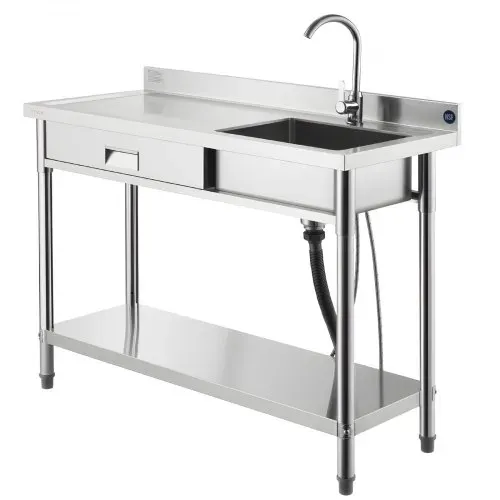VEVOR Spültisch Spülbecken Edelstahl (120 x 50 x 94 cm), Einzelbecken mit Wasserhahn & Schublade, Küchenspüle für Garage Restaurant Wäscherei, Waschtisch Außenspüle mit Arbeitsplatte (links) – Bild 9