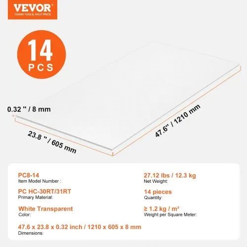 VEVOR 14er-Set Gewächshausplatten aus Polycarbonat, 1210 x 605 x 8 mm Stegplatten, wasserdichte UV-geschützte gewellte Hohlkammerplatten, schlagfeste, transparente Dachplatten für Gewächshaus/Garten – Bild 6