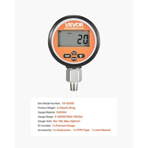 VEVOR digitales Hydraulikdruckmessgerät, 0–700 Bar Hydraulikdrucksensor, Manometertester mit 1/4 Zoll NPT-Basiseingang für Baggerbaumaschinen, Hydraulikprüfmanometer Edelstahlgehäuse – Bild 6