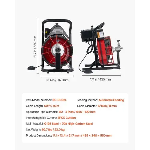 VEVOR Rohrreinigungsmaschine φ8 mm x 15 m, Reinigungsspirale mit Automatischer Zufuhr, 4 Schneidmessern & pneumatischem Fußschalter, Rohrreiniger für Rohre von 50 bis 100 mm, Rohrreinigungsgerät – Bild 6