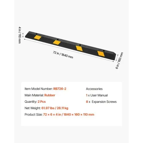 VEVOR Parkstopper Radstopper 2 Stk. 184 x 16 x 11 cm Einparkhilfe Parkbegrenzung mit Reflektorstreifen, Parkplatzsperre aus Gummi für Autos Lieferwagen Lkw, Radführungsblock, Parkplatzbegrenzung – Bild 6