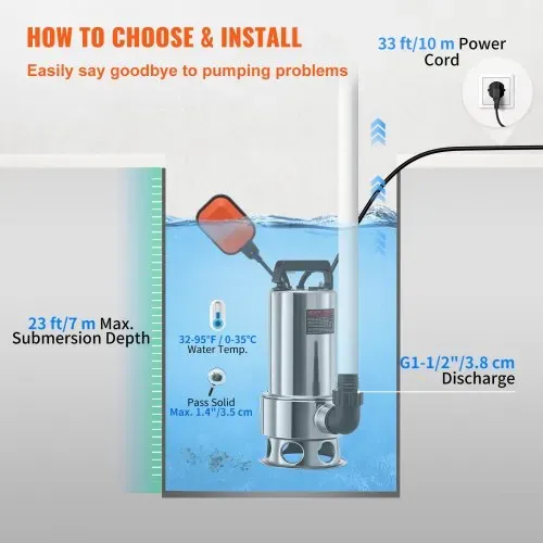 VEVOR Tauchwasserpumpe, 1300 W, 20000 l/h, mit 10 m Kabel und automatischem Schwimmerschalter, Edelstahl und Gusseisen für schmutzige oder saubere, leere Gartenteiche, Schwimmbäder, Whirlpools – Bild 5