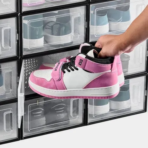 VEVOR Schuhaufbewahrungsboxen stapelbare Schuhboxen (12 Stk.) passend bis US-Größe 11, modulare Schuh-Organizer aus Kunststoff zur Aufbewahrung von High Heels & Stiefeln & Hüten, schwarzer Rahmen – Bild 7