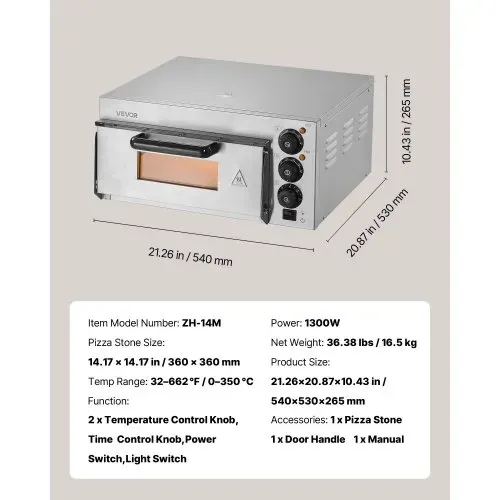 VEVOR Kommerzieller Pizzaofen für die Arbeitsplatte, 14-Zoll-Einzeldeckschicht, elektrischer Pizzaofen aus Edelstahl mit Stein und Griff, Mehrzweck-Pizzamaker für den Innenbereich zum Backen von Brezeln im Restaurant zu Hause – Bild 6