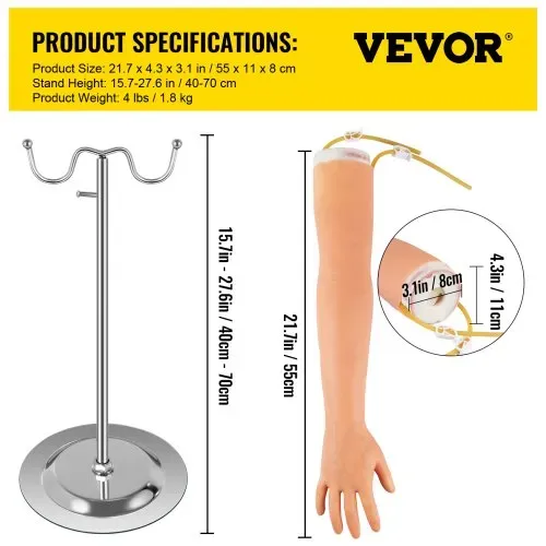 VEVOR Phlebotomie-Kit, IV Übungsarm 12 Stk. Phlebotomie-Arm-Praxis-Kit 40-70 cm Standhöhe, Trainingsarm für Intravenöse Injektion Inkl. IV-Ständer, Blutlanzette, Schlauch-/Venenanschluss, Aderpresse – Bild 6