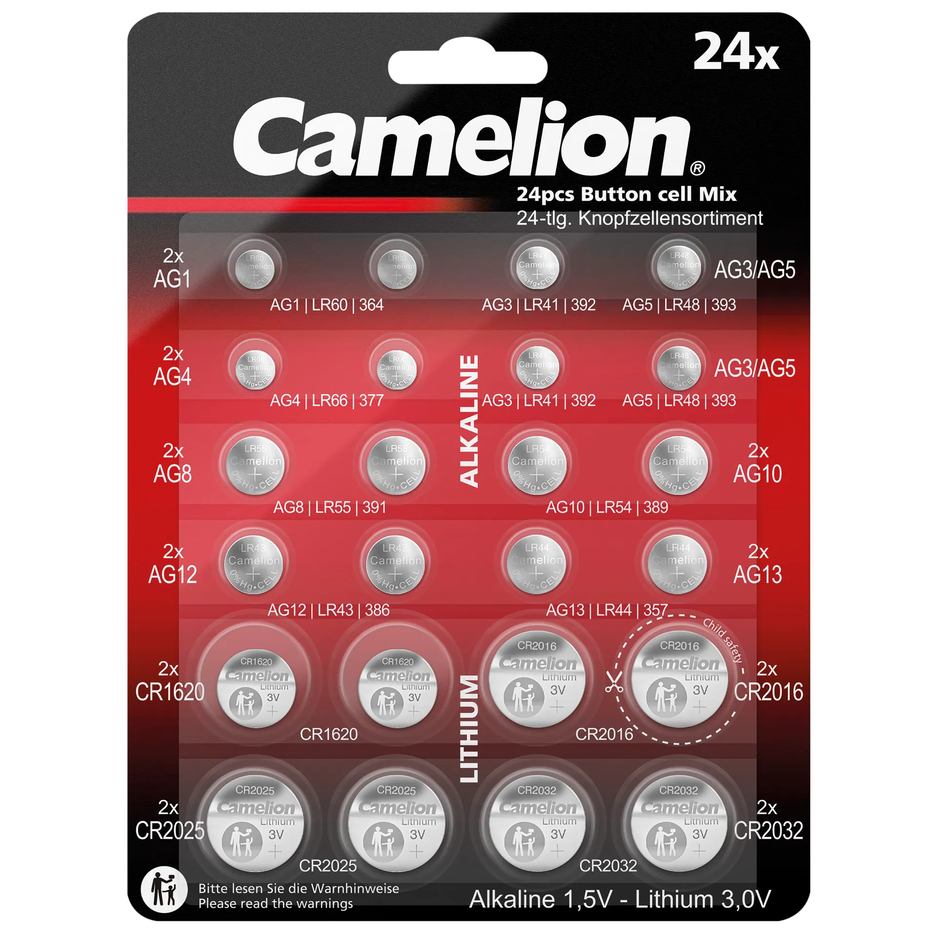 Knopfzellen-Sortiment Camelion, Zink-Mangan-Dioxid + Lithium-Mangan, 1,5V/3V Knopfzellen-Sortiment Camelion, Zink-Mangan-Dioxid + Lithium-Mangan, 1,5V/3V