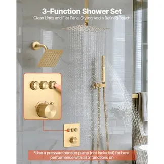 VEVOR Duschsystem-Set mit 12 Zoll Regenduschsystem / 6 Zoll Wandmontagekopf / 2 in 1 Handbrause, drehbarer Doppelregenkopf (3 Funktionen), Messingventil und Verkleidungssatz, gebürstetem Gold VEVOR Duschsystem-Set mit 12 Zoll Regenduschsystem / 6 Zoll Wandmontagekopf / 2 in 1 Handbrause, drehbarer Doppelregenkopf (3 Funktionen), Messingventil und Verkleidungssatz, gebürstetem Gold