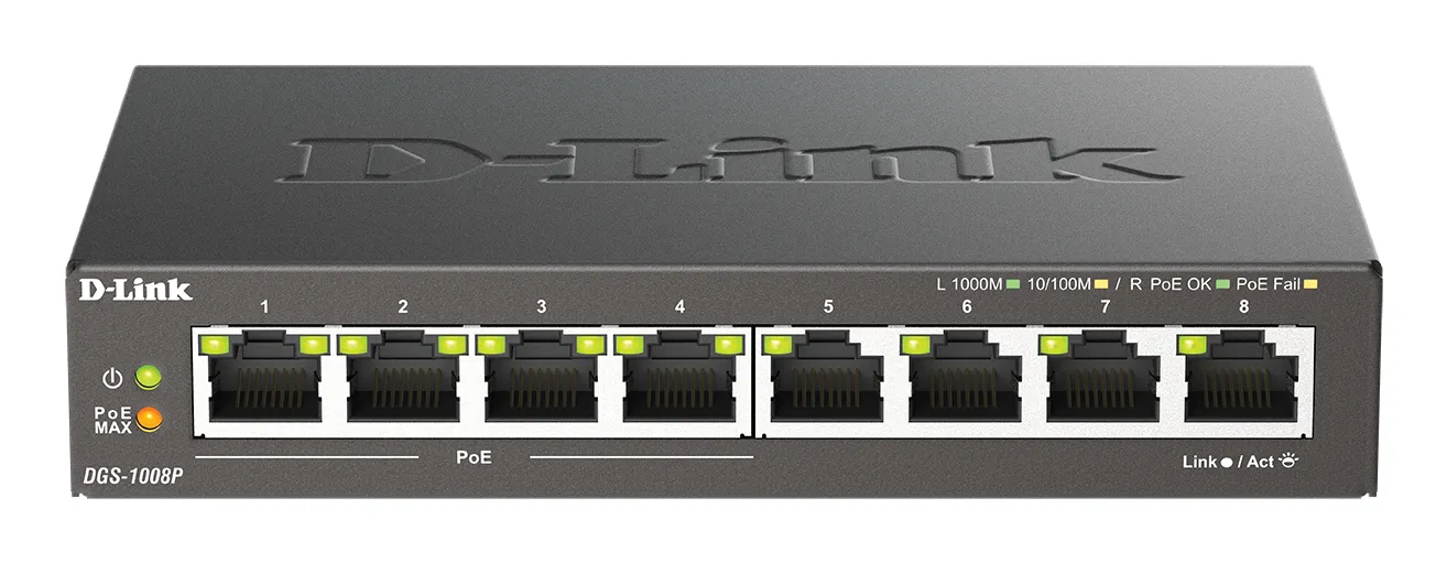 D-Link DGS-1008P/E Netzwerk-Switch Unmanaged L2 Gigabit Ethernet (10/100/1000) Power over Ethernet (PoE) Desktop Schwarz D-Link DGS-1008P/E Netzwerk-Switch Unmanaged L2 Gigabit Ethernet (10/100/1000) Power over Ethernet (PoE) Desktop Schwarz