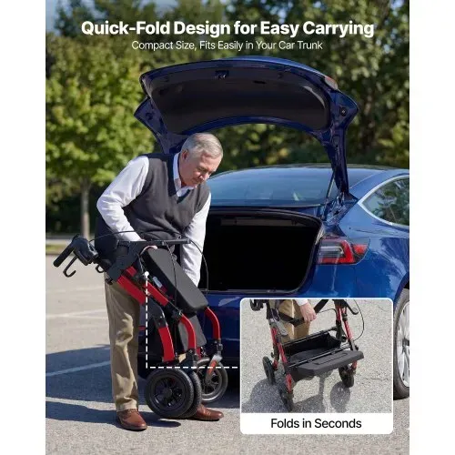 VEVOR 2-in-1 Rollator Faltbar mit Sitz, Leichter Gehwagen mit Reifen, Gehhilfe bis 136 kg mit Rückenlehne Tasche Gehstockhalter, Höhenverstellbare Laufhilfe mit Feststellfunktion für Senioren, Rot – Bild 3