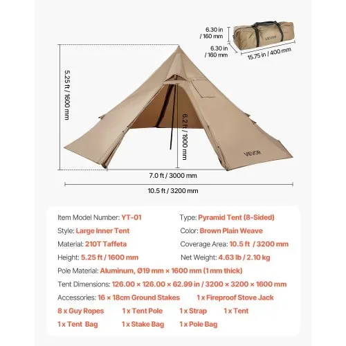 VEVOR Tipi Zelt für 2 Personen, tragbares Winterzelt mit Ofenanschluss, Campingzelte, leichte 4-Jahreszeiten-Schutzzelte, Firstzelt, zum Wandern, Angeln und Rucksackreisen, Größe S – Bild 6