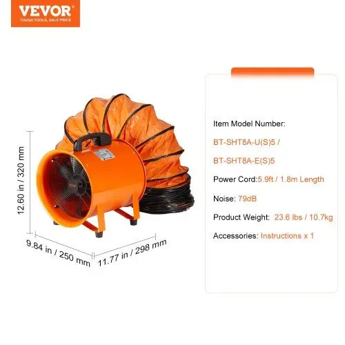 VEVOR Bauventilator 145-W-AC-Motor Baugebläse 2900 U/min Baulüfter Gebläse 504 L/s (1070 CFM) Axiallüfter mit 5 m Schlauch Axialgebläse 79 dB Geräuschpegel Industrielüfter – Bild 6