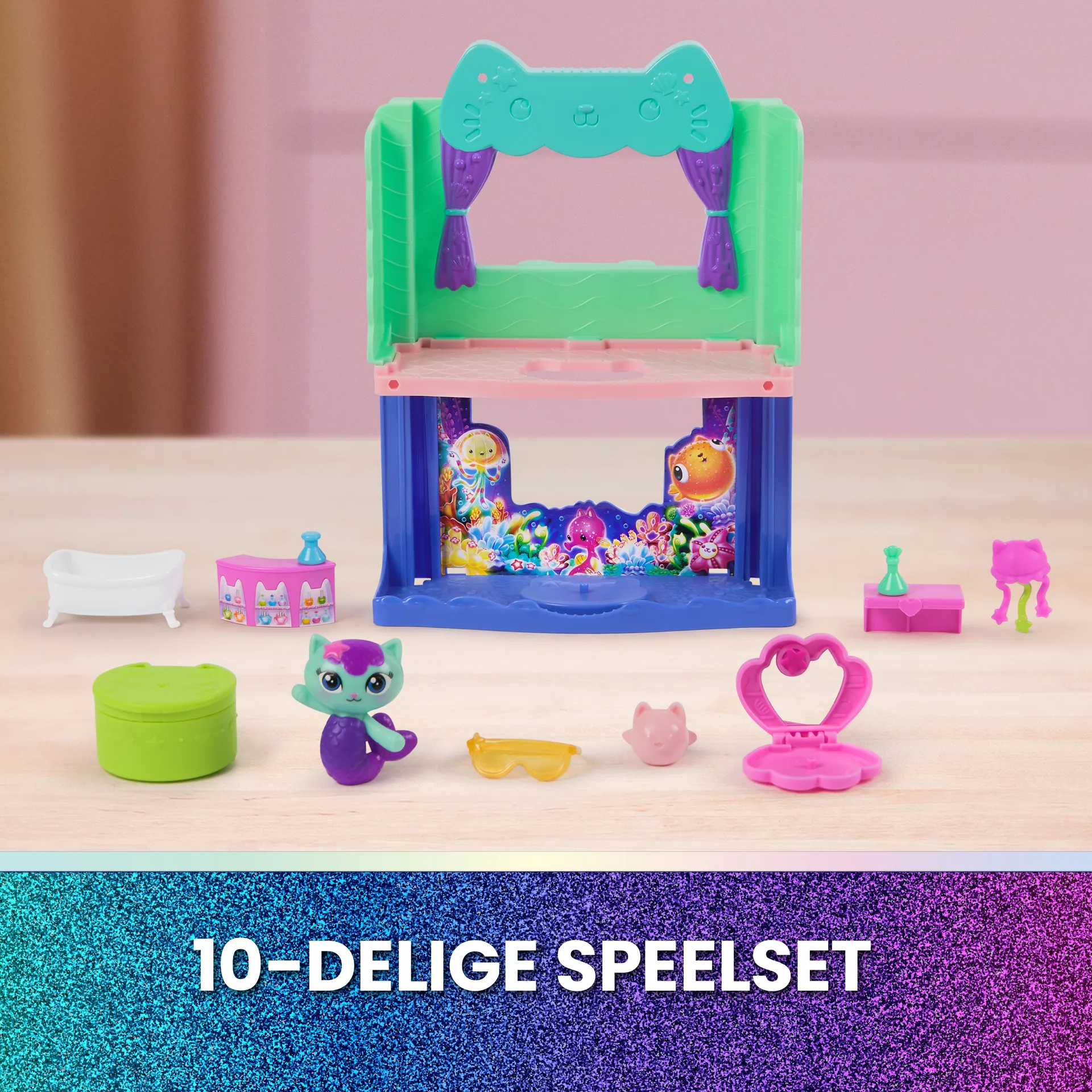 Gabby's Dollhouse DREAMWORKS : DER FILM - Portal Raum "Spa-tastisches Badezimmer von Meerkätzchen", 10-teiliges Spielset mit Katzenfigur & Zubehör – Bild 4