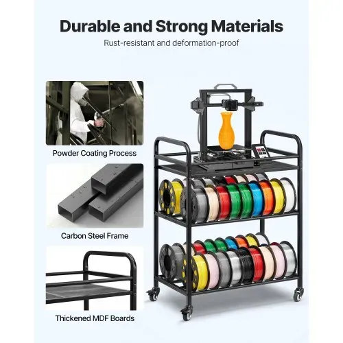 VEVOR Filament Lagerregal für 3D-Drucker, 3 Ebenen, 680 x 400 x 880 mm, Filamentspulenhalter auf Rädern, 3D-Druckerzubehör Organizer für 3D-Druckstudio, Büro, Werkstatt, Schwarz – Bild 4