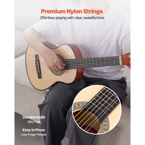 VEVOR Konzertgitarre, 780 mm, Klassikgitarren-Starter-Set für Anfänger, mit Nylonsaiten, Gigbag, Gurt, Stimmgerät, zusätzlichen Saiten, Plektren, Kapodaster, Linde, für Einsteiger, Natur – Bild 2